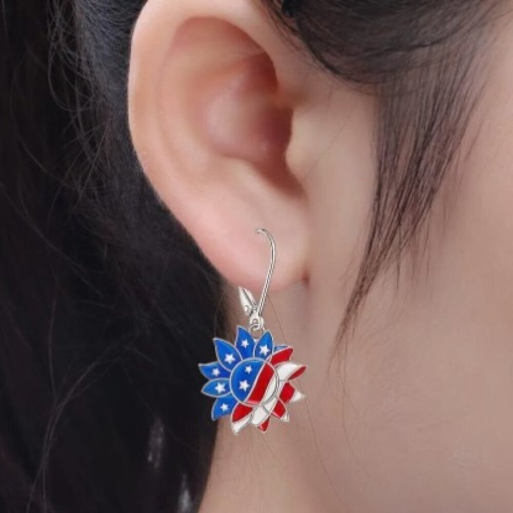 American Flag Sunflower Pendant Drop Earrings Patriotic Design - Picture 2 of 5
